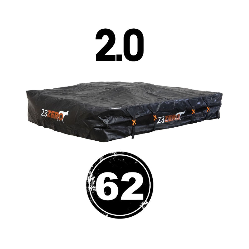 Image of a black packed roof top tent on a white background, with "2.0" at the top and "62" in a circle at the bottom.