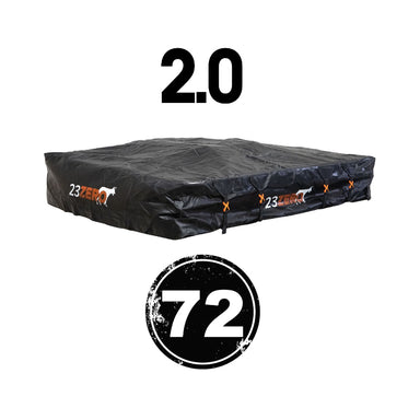 Image of a black packed roof top tent on a white background, with "2.0" at the top and "72" in a circle at the bottom.