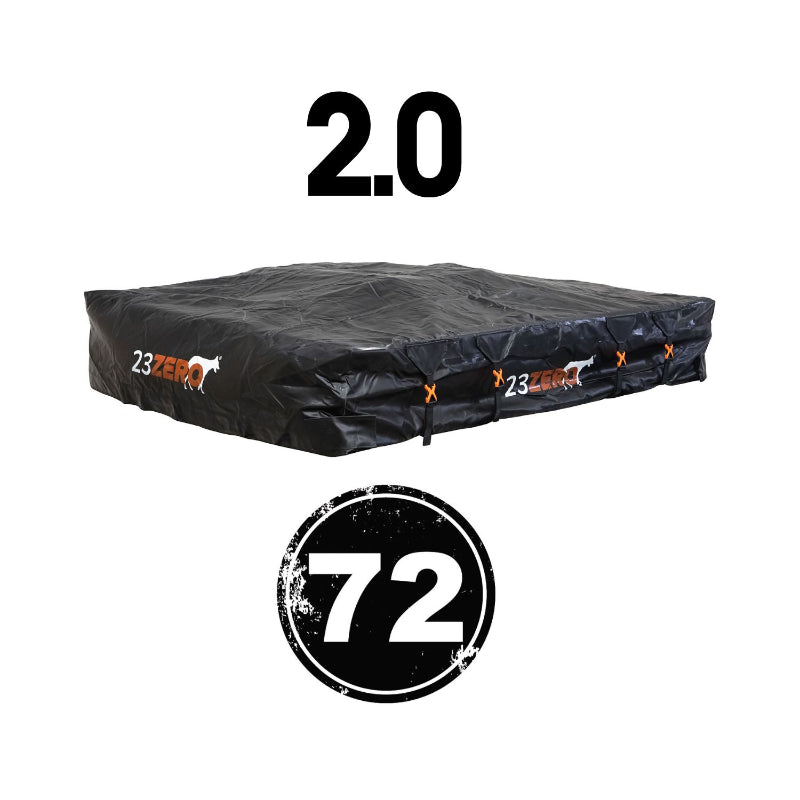 Image of a black packed roof top tent on a white background, with "2.0" at the top and "72" in a circle at the bottom.