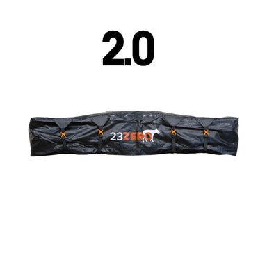 Image of a long, black, packed roof top tent on a white background, with "2.0" at the top.