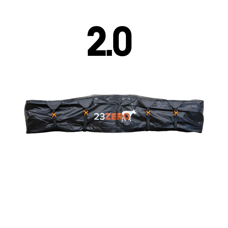 Image of a long, black, packed roof top tent on a white background, with "2.0" at the top.