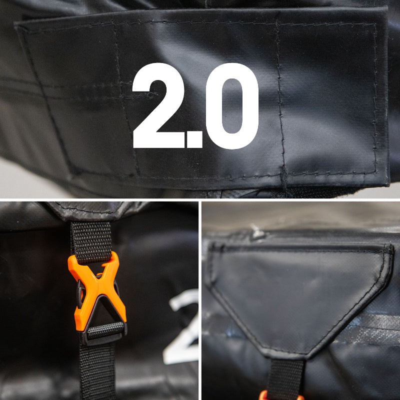 Image of a black roof top tent cover in a three-panel collage, showing a "2.0" label, an orange buckle detail, and a strap attachment point.