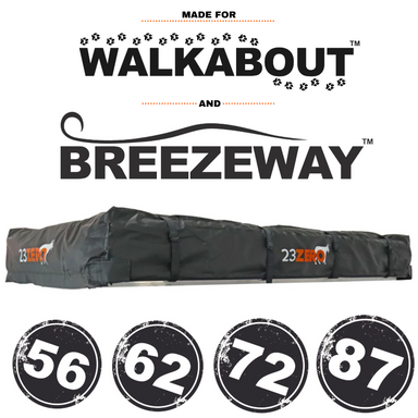Image of a 23ZERO Transit Cover, a long black bag with the company logo, designed for Walkabout and Breezeway tents. The bottom of the image shows four circular labels indicating available sizes: 56, 62, 72, and 87