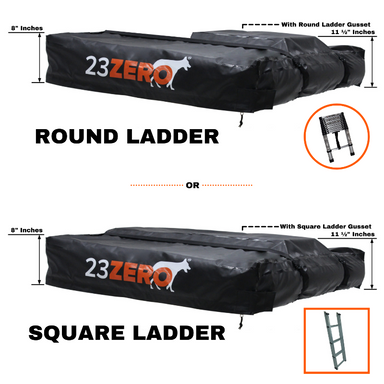 Image showing a 23ZERO Transit Cover with two versions of the ladder gusset: one for a round ladder and one for a square ladder. The image highlights the gusset dimensions and the different ladder types with corresponding close-up images
