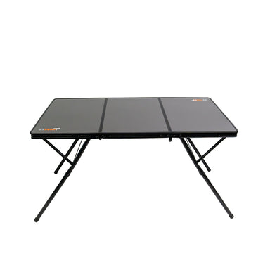 Image of 23ZERO two-fold camping table with black aluminum slatted top and folding legs, front angled view on white background.