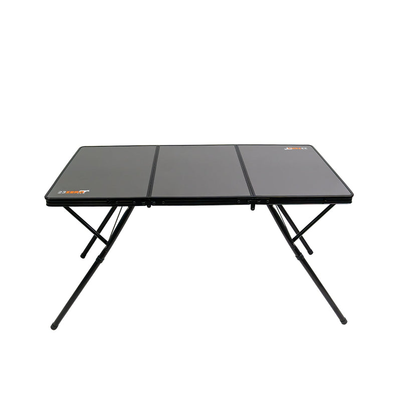 Image of 23ZERO two-fold camping table with black aluminum slatted top and folding legs, front angled view on white background.