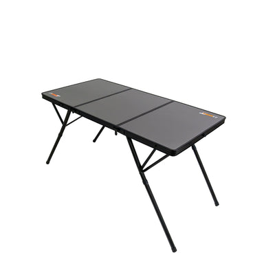 Image of 23ZERO two-fold camping table with black aluminum slatted top and folding legs, angled side view on white background.