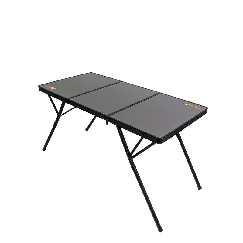 Image of 23ZERO two-fold camping table with black aluminum slatted top and folding legs, angled side view on white background.