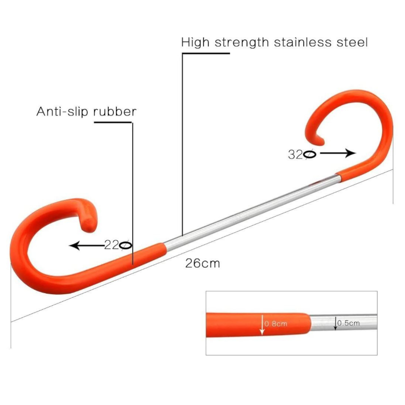 Image of 23ZERO universal 2-way lantern hook with orange anti-slip rubber ends and stainless steel shaft, dimension diagram view on white background.