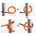 Image of 23ZERO universal 2-way lantern hook with orange coated loop demonstrating attachment around tent pole in step-by-step close-up views on white background.