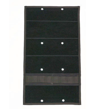 Image of black hanging storage organizer panel with multiple horizontal pockets and metal grommets, front view on white background.