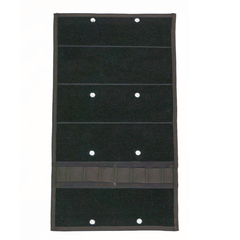 Image of black hanging storage organizer panel with multiple horizontal pockets and metal grommets, front view on white background.