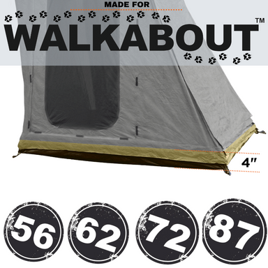 Image of Walkabout annex extension tent base with grey fabric walls and olive skirt, labeled compatibility sizes and 4-inch floor height, angled front and side view on a white background.