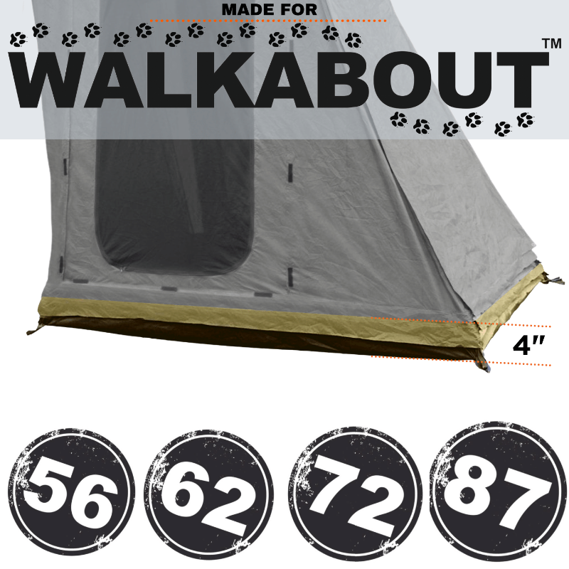 Image of Walkabout annex extension tent base with grey fabric walls and olive skirt, labeled compatibility sizes and 4-inch floor height, angled front and side view on a white background.
