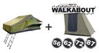 Image of Walkabout 87 rooftop tent in olive green with telescoping ladder partially deployed, paired with matching tall annex room, angled front and side view on white background.