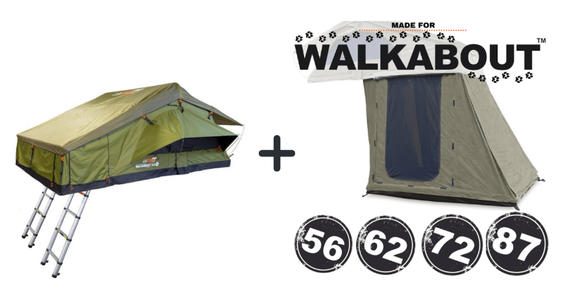Image of Walkabout 87 rooftop tent in olive green with telescoping ladder partially deployed, paired with matching tall annex room, angled front and side view on white background.