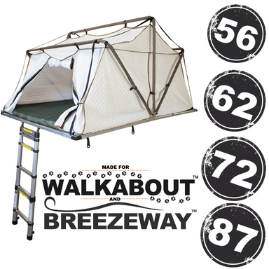 White rooftop tent partially deployed with a ladder extended to the ground, shown from an angled front and side view on a white background, with "Walkabout and Breezeway" branding and size numbers 56, 62, 72, 87.