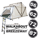 White rooftop tent partially deployed with a ladder extended to the ground, shown from an angled front and side view on a white background, with "Walkabout and Breezeway" branding and size numbers 56, 62, 72, 87.