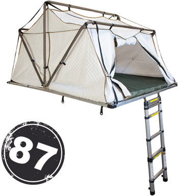 White rooftop tent partially deployed with a ladder extended to the ground, shown from an angled front and side view on a white background, with a prominent "87" in a distressed black circle.