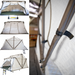 Collage image featuring four different views of a white rooftop tent with a green mattress and ladder, showing it partially deployed from various angles, alongside a close-up detail of the tent's frame and fabric.