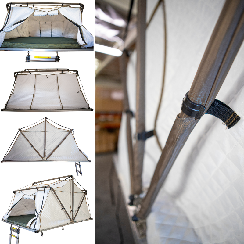 Collage image featuring four different views of a white rooftop tent with a green mattress and ladder, showing it partially deployed from various angles, alongside a close-up detail of the tent's frame and fabric.