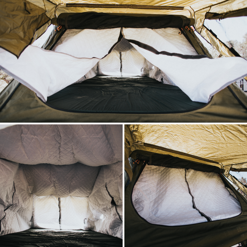 Collage showing the interior of a green and white rooftop tent; the top image offers a wide view of the sleeping area, while the bottom two images provide closer internal perspectives of the quilted white fabric and green mattress.