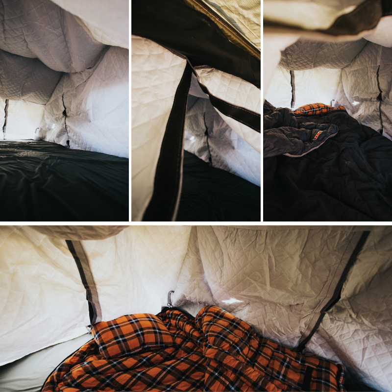 Collage showing the interior of a white quilted rooftop tent with a green mattress; two top images focus on the interior space, and the third top image shows a dark sleeping bag, while the bottom image features an open orange and black plaid sleeping bag.
