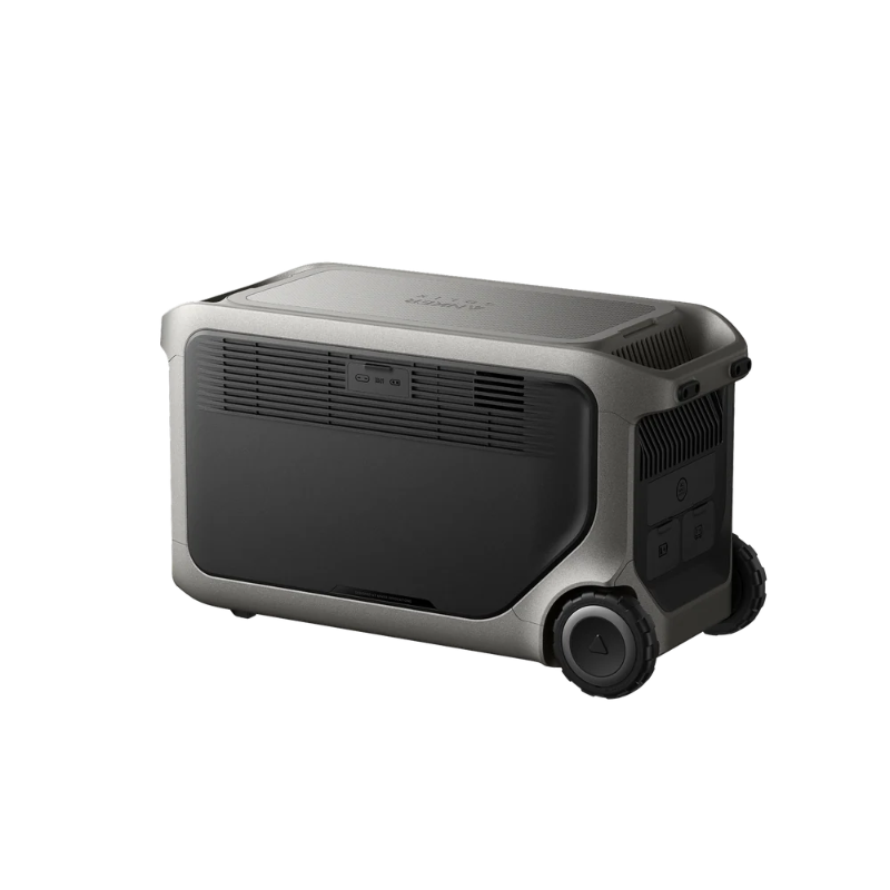 Image of Anker SOLIX F3000 portable power station featuring rear panel with ventilation grills and rugged gray casing with dual wheels, compact rectangular body, angled rear and side view on transparent background