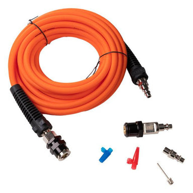 Image of a coiled orange air hose with black connectors on both ends, accompanied by various air compressor accessories including a female quick-connect fitting, two different nozzle attachments (one blue, one red), and a needle inflator, all laid out on a white background