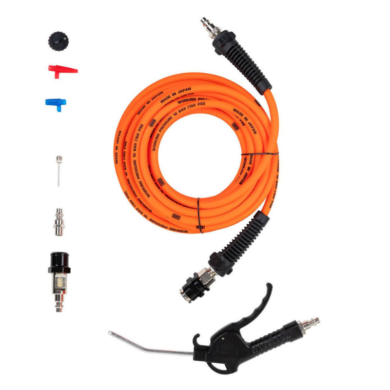 Image of an orange coiled air hose with black connectors, along with various air compressor accessories including a blow gun, several nozzle adapters (black, red, blue), a needle inflator, and other fittings, all arranged on a white background