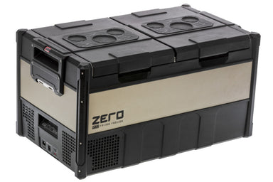 Image of ARB Zero Fridge Freezer, front angled view, featuring two compartments with black handles, a sleek metallic design, and ventilation areas, set against a white background.