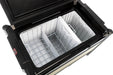 Image of ARB Zero Fridge Freezer with the lid open, showing two compartments with wire dividers and white plastic inserts, angled top-down view on a white background.