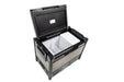 Image of ARB Zero Fridge Freezer with lid open, displaying a spacious interior with a white plastic insert and metal wire basket divider, angled top-down view on a white background.