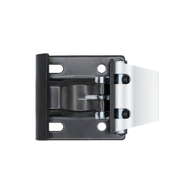 Image of a black and silver heavy-duty latch or hinge mechanism, viewed from the top-down, on a white background