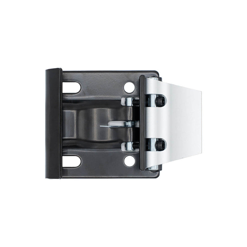 Image of a black and silver heavy-duty latch or hinge mechanism, viewed from the top-down, on a white background