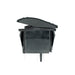 Image of a black rocker switch, seen from a side profile with its terminals visible underneath, on a white background