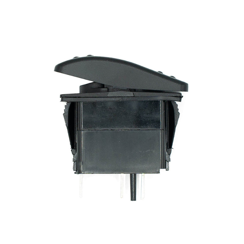 Image of a black rocker switch, seen from a side profile with its terminals visible underneath, on a white background