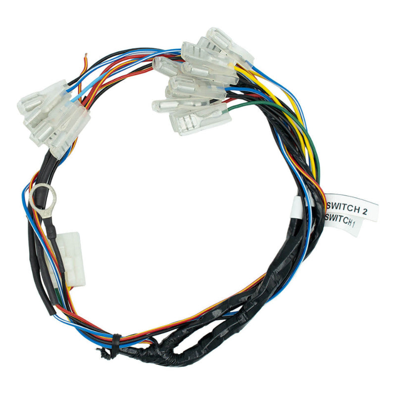 Image of a bundled multi-color wiring harness with clear spade connectors and a ring terminal, labeled for 'SWITCH 1' and 'SWITCH 2', on a white background