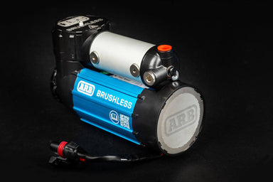 Image of ARB Brushless 12V Air Compressor, blue and silver, on a black background