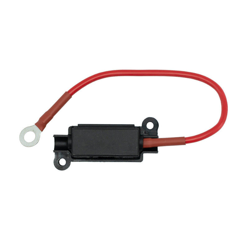 Image of a black 30A MIDI fuse holder with a red wire connected, terminating in a silver ring terminal, on a white background