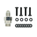 Image of a silver threaded fuel fitting, four black bolts, four black nuts, and eight black washers, arranged on a white background