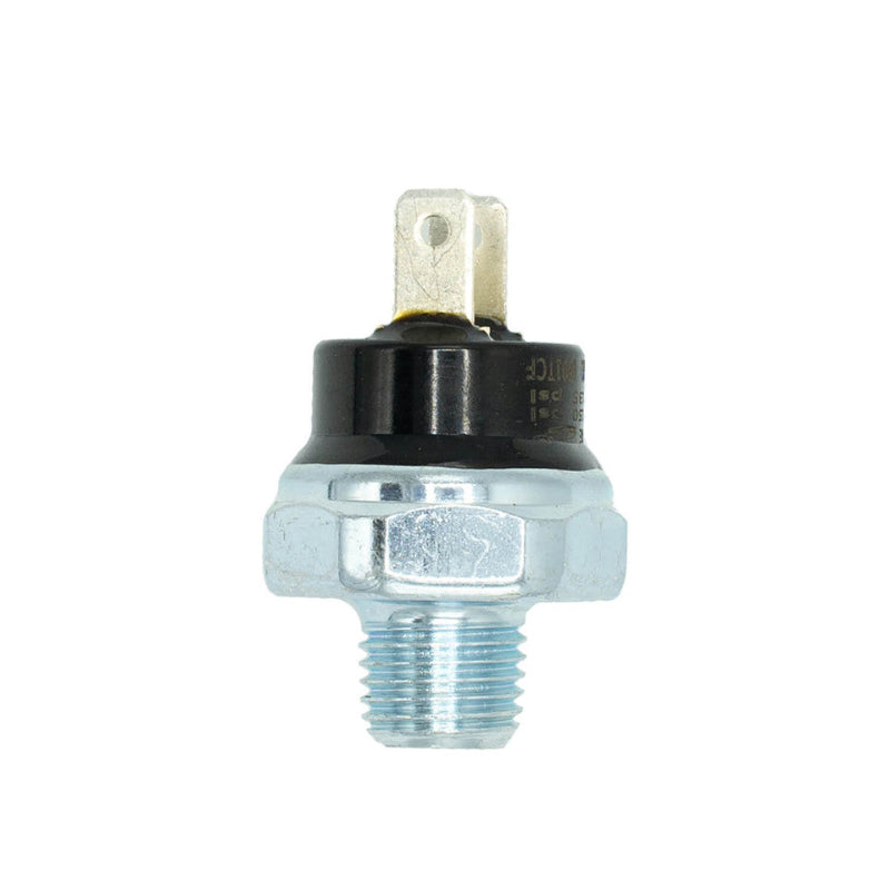 Image of a silver and black oil pressure switch with a threaded bottom and two spade terminals on top, centered on a white background