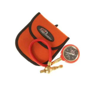 Image of ARB EZ-Deflator tire deflation kit with pressure gauge, red air hose, brass fittings, and orange carrying pouch, angled product view on white background.