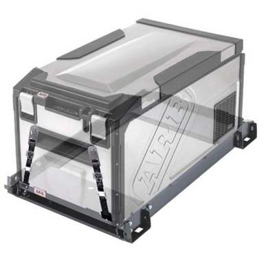 Image of ARB Elements 63QT portable fridge freezer with stainless steel body and black protective frame, angled front and side view on white background.