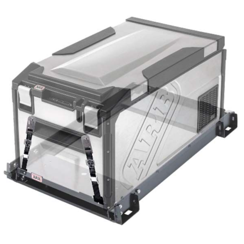Image of ARB Elements 63QT portable fridge freezer with stainless steel body and black protective frame, angled front and side view on white background.