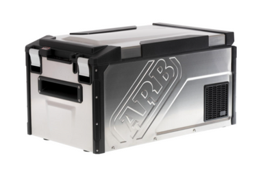 Image of ARB Elements Fridge Freezer 63 Quart, stainless steel exterior with black corners, side and front view with ventilation area on the side and handles for easy transport