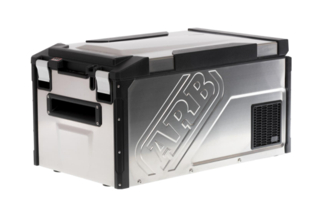 Image of ARB Elements Fridge Freezer 63 Quart, stainless steel exterior with black corners, side and front view with ventilation area on the side and handles for easy transport