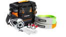 Image of an ARB Recovery kit including a black and orange recovery bag, a silver snatch block, white gloves, two red shackles, and two recovery straps (one green and one orange), all on a white background.