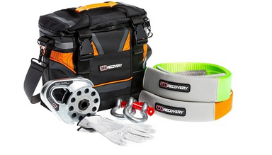 Image of an ARB Recovery kit including a black and orange recovery bag, a silver snatch block, white gloves, two red shackles, and two recovery straps (one green and one orange), all on a white background.