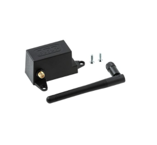 Image of ARB fridge app connect module with black control box, external antenna, mounting screws, and connector cable, angled product view on white background.